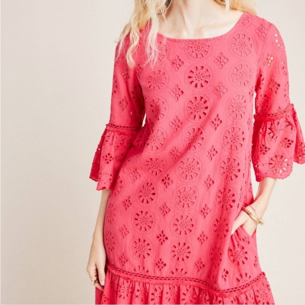 NWOT Anthropologie Dani Pink Eyelet Mini‎ Tassle Tunic Silhouette Dress Beaded - Picture 2 of 7